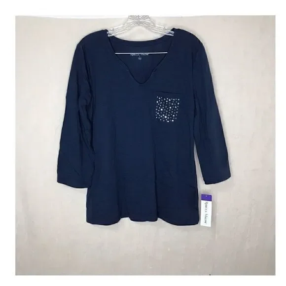 NWT Rebecca Malone Women's 3/4 Sleeve Decorative Pocket Top Blue Silver Large - Picture 1 of 10